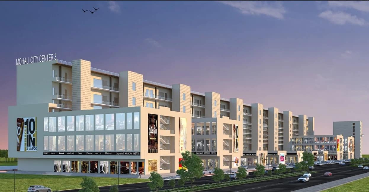 Mohali City Centre 3 – Showroom Block Corner view of the Mohali City Centre 3 showroom block with double-height showrooms